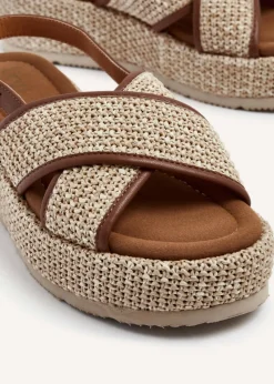 Linzi Laurent Natural and Tan Two-Tone Crossover Raffia Flatform Sandal