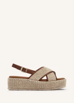 Linzi Laurent Natural and Tan Two-Tone Crossover Raffia Flatform Sandal