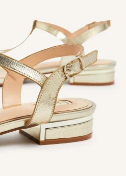 Linzi Lavish Gold Lizard T-Bar Looped Low Block Sandal