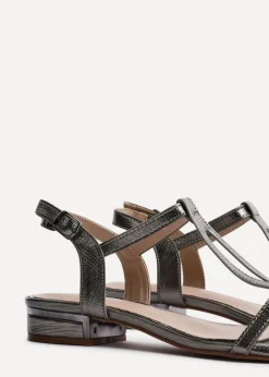 Linzi Lavish Grey Lizard T Bar Looped Low Block Sandal