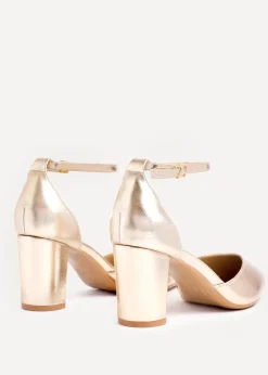 Linzi Leona Gold Faux Leather Closed Back Block Heeled Court Shoe