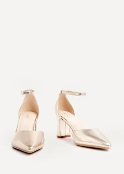 Linzi Leona Gold Faux Leather Closed Back Block Heeled Court Shoe