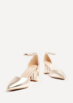 Linzi Leona Gold Faux Leather Closed Back Block Heeled Court Shoe
