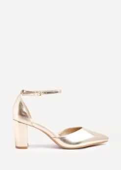 Linzi Leona Gold Faux Leather Closed Back Block Heeled Court Shoe