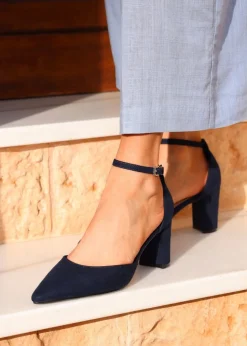 Linzi Leona Navy Faux Suede Closed Back Block Heeled Court Shoe