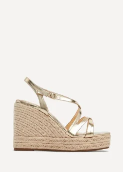 Linzi Lexie Gold Faux Leather Strappy Square Toe Rope Wedge