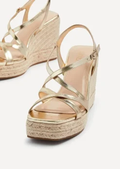 Linzi Lexie Gold Faux Leather Strappy Square Toe Rope Wedge