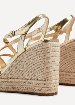 Linzi Lexie Gold Faux Leather Strappy Square Toe Rope Wedge