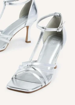 Linzi Lilah Silver Faux Leather T-Bar High Heel