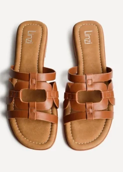 Linzi Lupita Tan Faux Leather Linked Flat Slider Sandal
