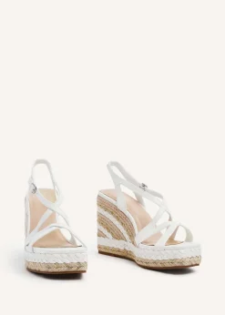 Linzi Marbella White Faux Leather Crossover Metallic Rope Wedge