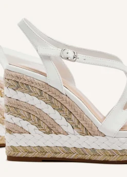 Linzi Marbella White Faux Leather Crossover Metallic Rope Wedge