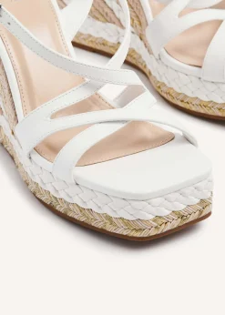 Linzi Marbella White Faux Leather Crossover Metallic Rope Wedge