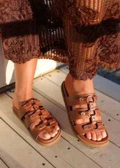 Linzi Marcia Tan Faux Leather Studded Gladiator Slip On Sandals