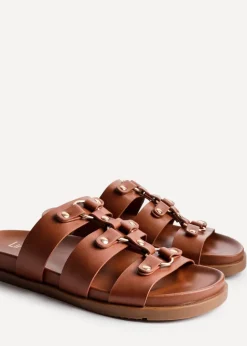 Linzi Marcia Tan Faux Leather Studded Gladiator Slip On Sandals