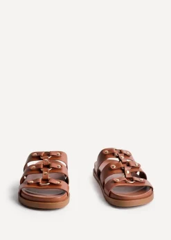 Linzi Marcia Tan Faux Leather Studded Gladiator Slip On Sandals