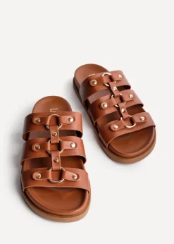 Linzi Marcia Tan Faux Leather Studded Gladiator Slip On Sandals