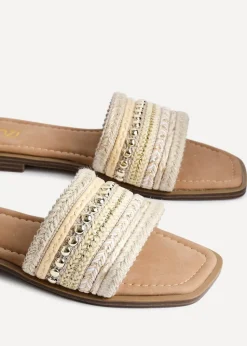 Linzi Mariel Natural Woven Embellished Flat Sandals
