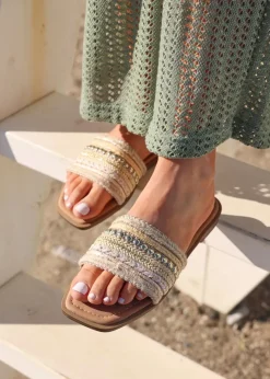 Linzi Mariel Natural Woven Embellished Flat Sandals