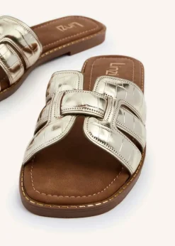 Linzi Maya Gold Faux Croc Patent Linked Slider Sandal