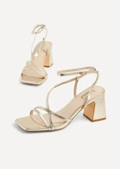 Linzi Memphis Gold Crossover Slingback Block Heeled Sandal