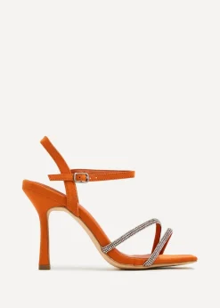 Linzi Mesmerize Orange Faux Suede Square Toe Diamonte Embellished Heel