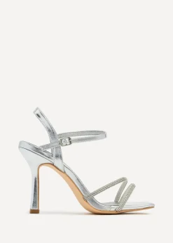 Linzi Mesmerize Silver Faux Leather Square Toe Diamonte Embellished Heel
