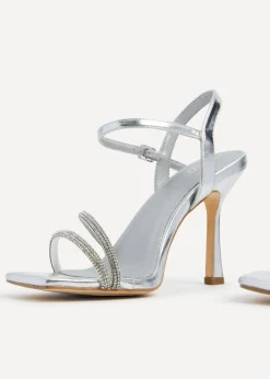 Linzi Mesmerize Silver Faux Leather Square Toe Diamonte Embellished Heel