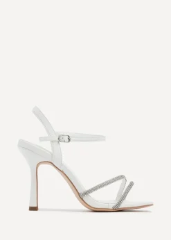 Linzi Mesmerize White Faux Leather Square Toe Diamonte Embellished Heel