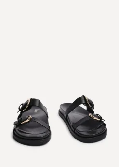 Linzi Miko Black Faux Leather Flat Sandal