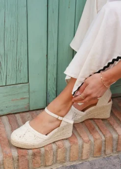 Linzi Mystic Beige Embroidered Closed Toe Espadrille Wedge