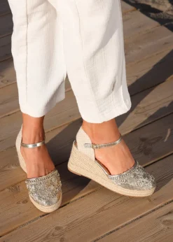Linzi Mystic Gold Embroidered Closed Toe Espadrille Wedge