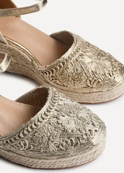 Linzi Mystic Gold Embroidered Closed Toe Espadrille Wedge