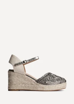 Linzi Mystic Pewter Embroidered Closed Toe Espadrille Wedge