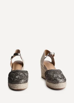 Linzi Mystic Pewter Embroidered Closed Toe Espadrille Wedge