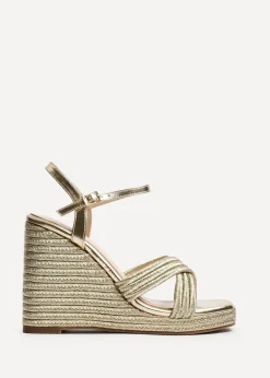 Linzi Nikki Gold Rope Crossover Platform Wedge