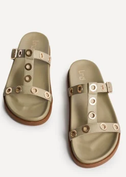 Linzi Notice Sage Green Faux Leather Studded Flat Sandals