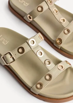 Linzi Notice Sage Green Faux Leather Studded Flat Sandals