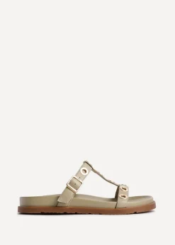 Linzi Notice Sage Green Faux Leather Studded Flat Sandals