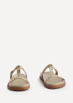 Linzi Notice Sage Green Faux Leather Studded Flat Sandals