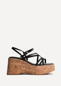Linzi Orbit Black Faux Lizard Strappy Cork Flatform Sandal