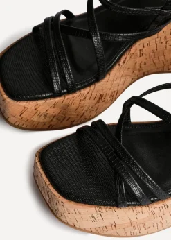 Linzi Orbit Black Faux Lizard Strappy Cork Flatform Sandal