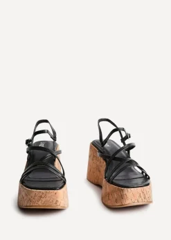 Linzi Orbit Black Faux Lizard Strappy Cork Flatform Sandal