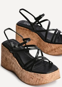 Linzi Orbit Black Faux Lizard Strappy Cork Flatform Sandal
