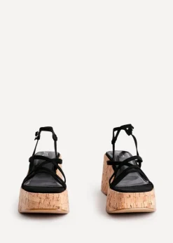 Linzi Orbit Black Faux Suede Strappy Cork Flatform Sandal
