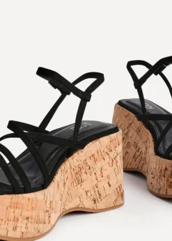 Linzi Orbit Black Faux Suede Strappy Cork Flatform Sandal