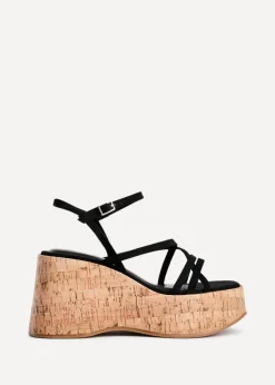 Linzi Orbit Black Faux Suede Strappy Cork Flatform Sandal