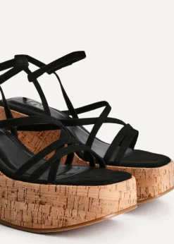 Linzi Orbit Black Faux Suede Strappy Cork Flatform Sandal