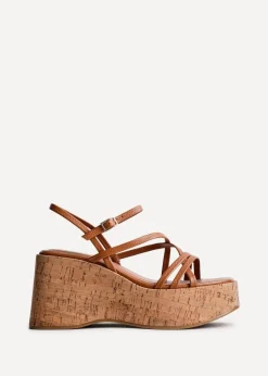 Linzi Orbit Tan Faux Lizard Strappy Cork Flatform Sandal