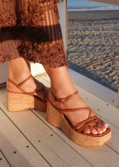 Linzi Orbit Tan Faux Lizard Strappy Cork Flatform Sandal